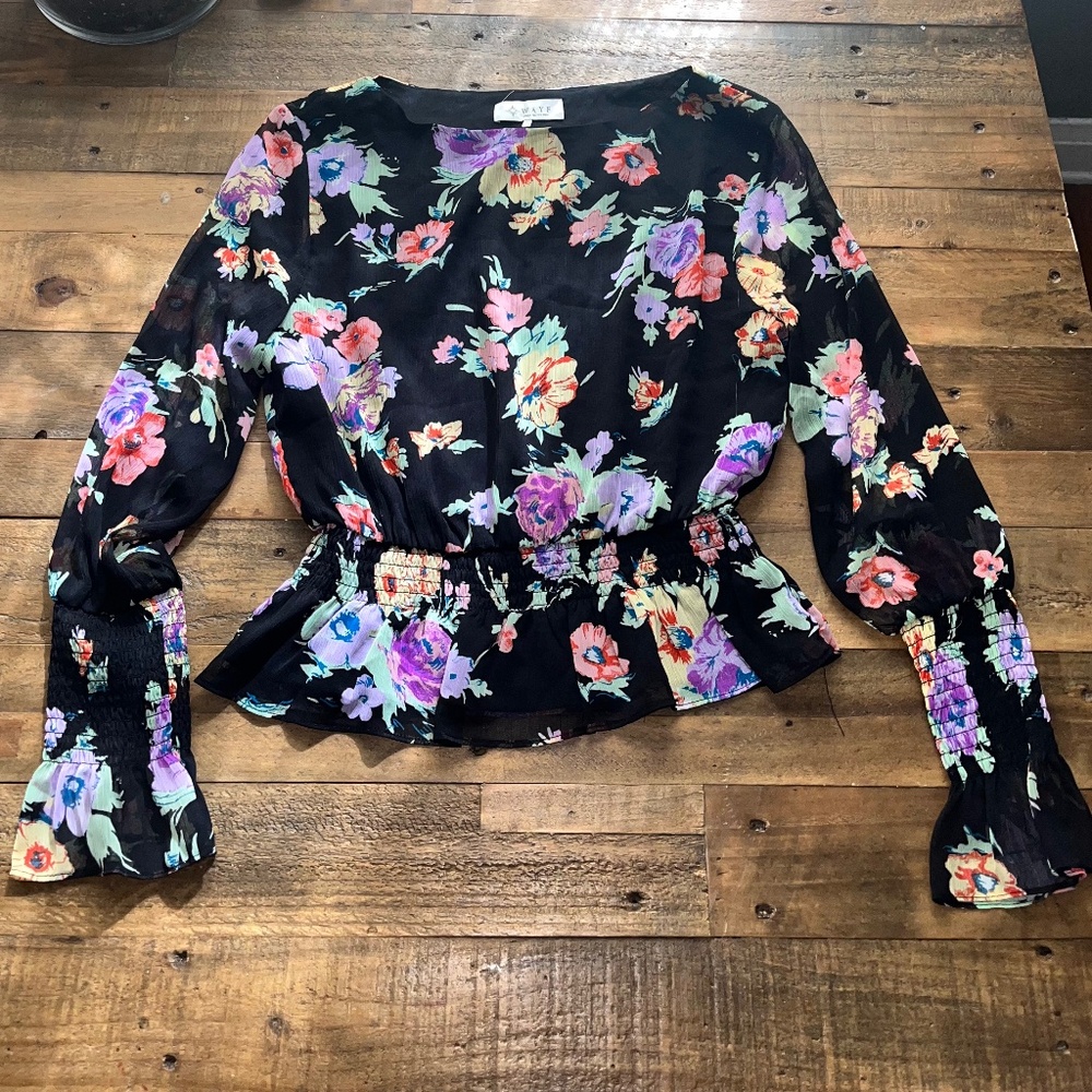 WAYF Black Floral Print Smocked Waist Peplum Chiffon Top